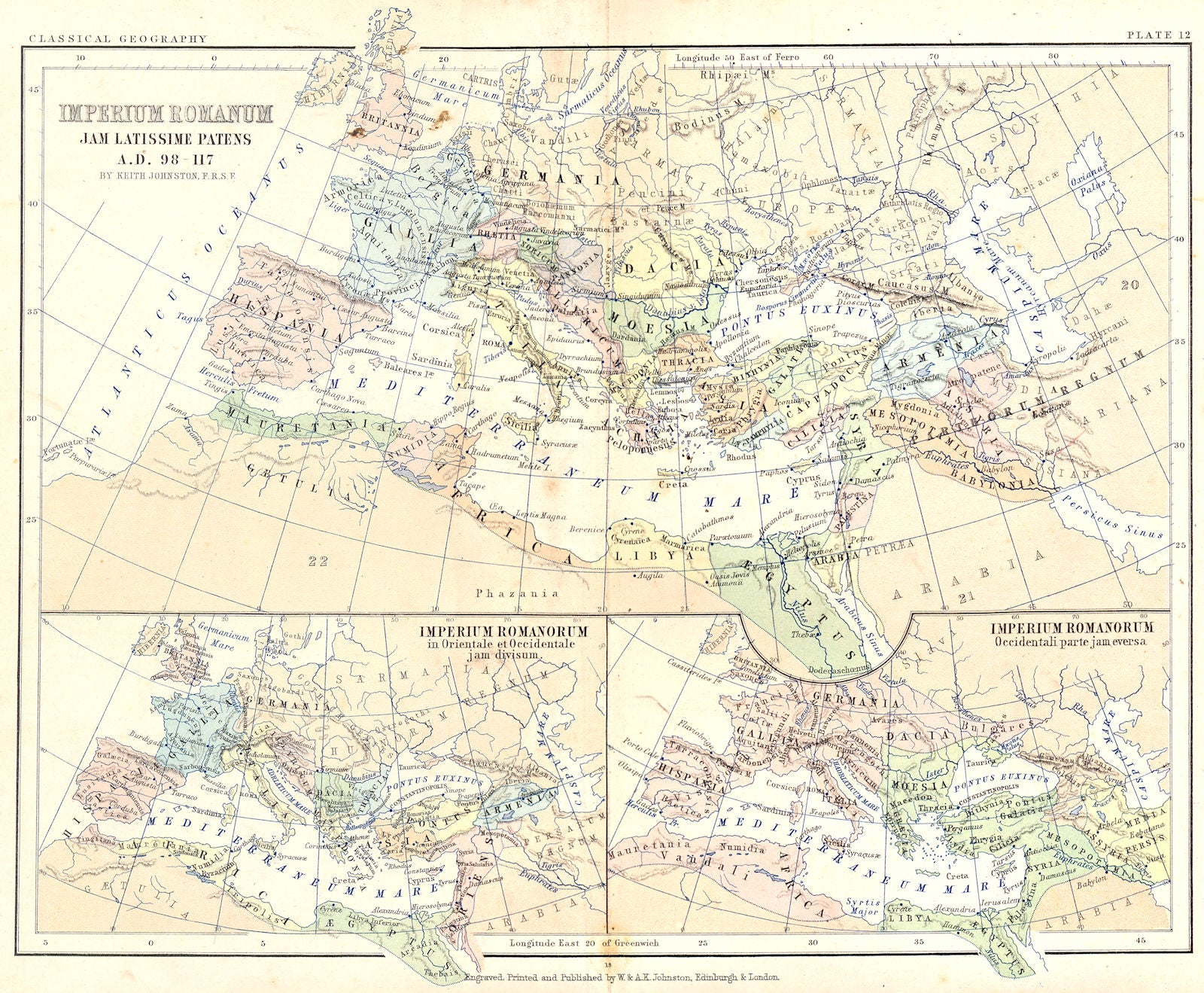 ROMAN EMPIRE. Jam Latisisime Patens AD 98-117 1880 old antique map plan chart